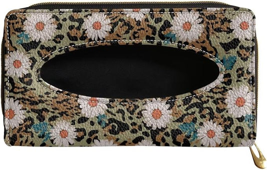 Leopard Daisy Tissue Box Sun Visor Tissue Holder Car Visor Napkin Holder with Back Clip Easy to Install Car Decoration