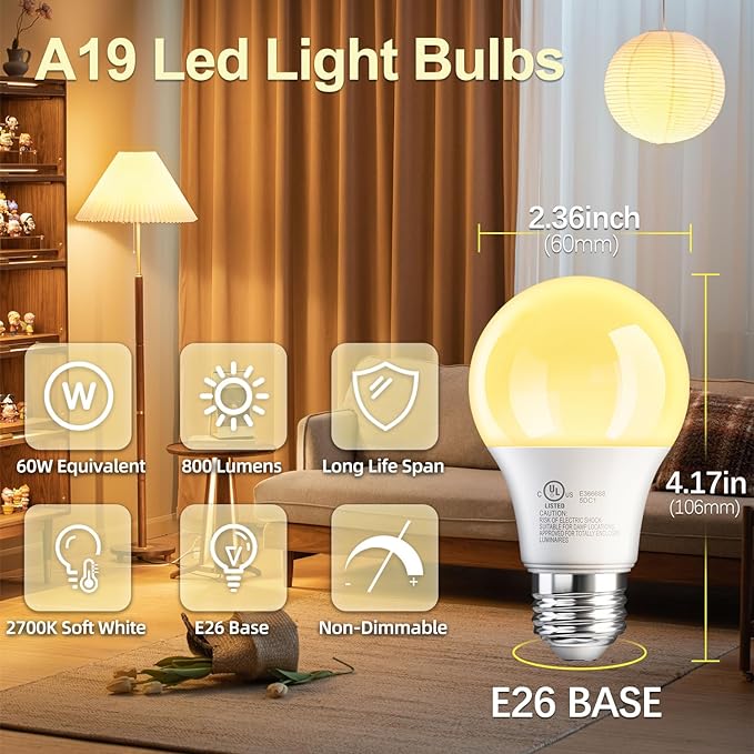 TJOY 12 Pack A19 LED Light Bulbs, 60 Watt Equivalent LED Bulb, Efficient 9W, Soft Warm White 2700K, E26 Standard Base, Non Dimmable Energy Saving Lightbulb, 800LM, 80 CRI, 120V, UL Listed