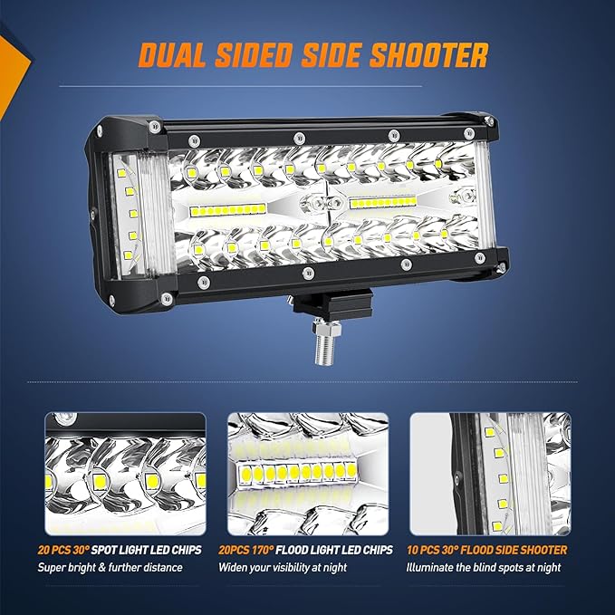 Nilight Side Shooter Light Bar 2 PCS 7 Inch | Triple Row Design, Spot Flood Combo Beam Work Off Road Lighting on Truck SUV ATV UTV