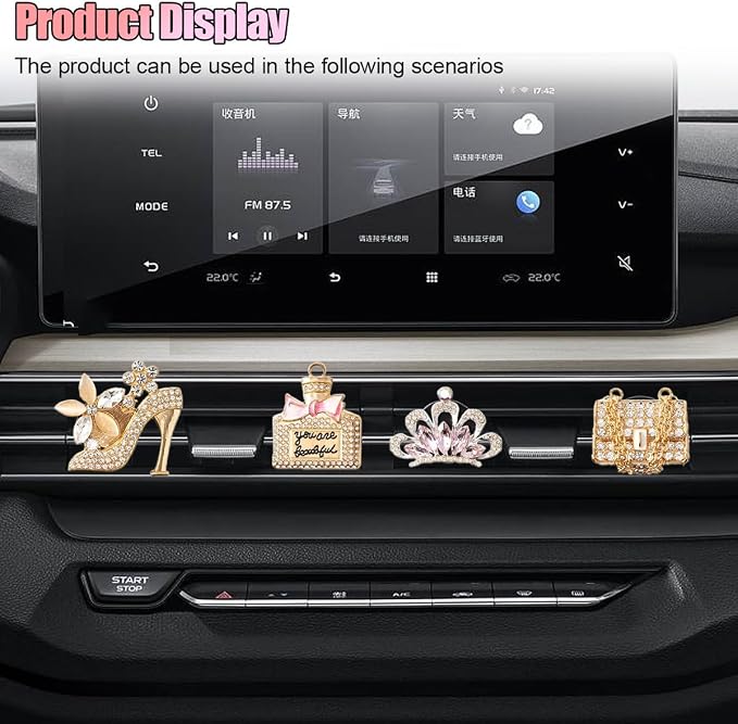 4PCS Bling Car Air Vent Clip, Crystal Rhinestone Heels Bag Crown Perfume Bottle Dashboard Air Vent Trim Clips, Car Interior Outlet Diffuser Decoration Accessory for Women (Gold)