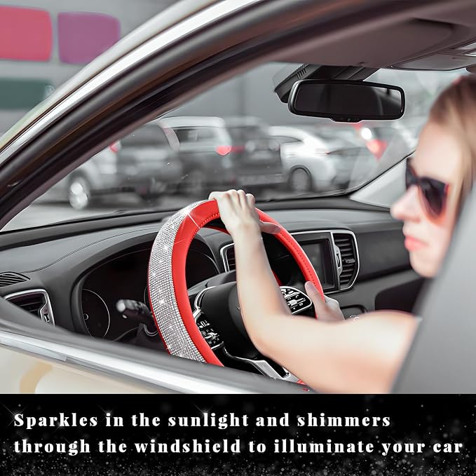 Diamond Leather Steering Wheel Cover, 15 Inch Bling Crystal Rhinestone Anti-Slip Wheel Protector, Universal Sparkling Elegant Diamond Steering Wheels Cover for Women Girl (White&Red)