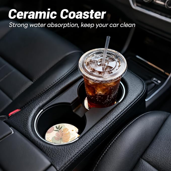 Car Cup Holder Ceramic Coasters 2 Pack, 2.56 in Anti Slip Absorbent Coaster with Cork Base and Finger Notch, Funny Cute Car Accessories Interior for Women, Boho Leaf