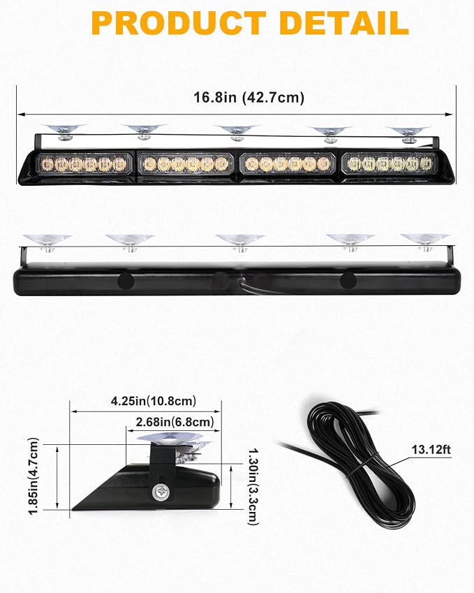 HLauto 6Z4J Emergency Dash Strobe Lights: 2x16.8 inch Green Amber Safety Lights, 48 LED Flashing Warning Hazard Interior Windshield Visor Traffic Light Bar for Trucks, Construction Vehicles