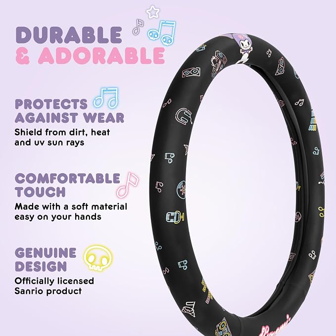 Sanrio Hello Kitty and Friends Kuromi Black Car Steering Wheel Cover, Universal Fit Cute Accessories for Women Stylish Decor Gifts Hello Kitty Accessories - Fits Standard Wheels 14.5"-15"