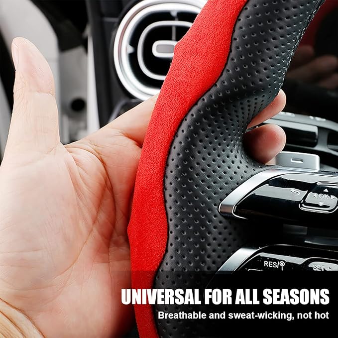 Car Steering Wheel Cover, Microfiber Suede Leather and Carbon Fiber Double Sided Design, Warm in Winter and Cool in Summer, Breathable Non Slip Segmented Protector for Most Cars (Turn Fur/Red)