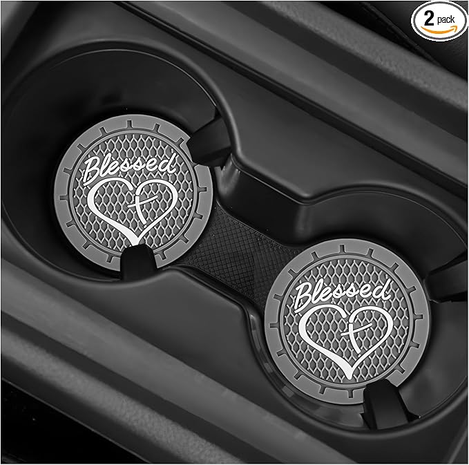 4 PCS Car Cup Holder Coaster, 2.76 Inch Soft PVC Non-Slip Blessed Cross and Heart Christian Car Cup Coasters, Auto Interior Shockproof Insert Drink Mat for Most Vehicles (Gray)