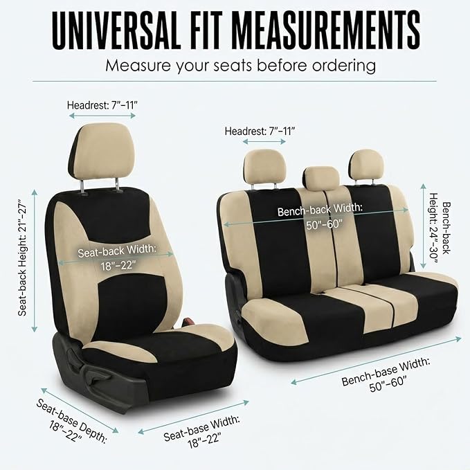 Automotive Seat Covers Beige Black Universal Fit Seat Cover Combo Set with Steering Wheel Cover and Seat Belt Pad (Airbag Compatible and Split Bench)