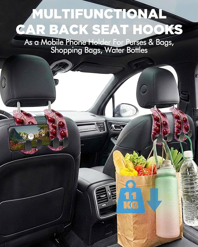 WOCOCN Purse Holder for Car, 2 Pack Heavy Duty Purse Hanger for Car, PU Leather Car Seat Hooks for Purses and Bags, Cute Cherry Headrest Organizer for Handbags & Backpacks