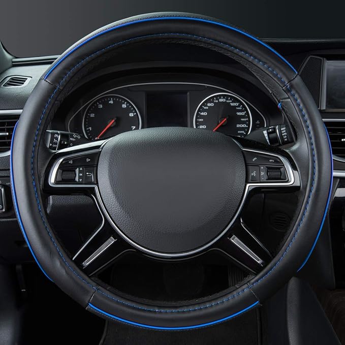 Car Pass Colour Piping Leather Universal Fit Steering Wheel Cover,Perfectly fit for 14.5-15 inches Suvs, Vans, Trucks, Sedans, Cars (Black&Blue)