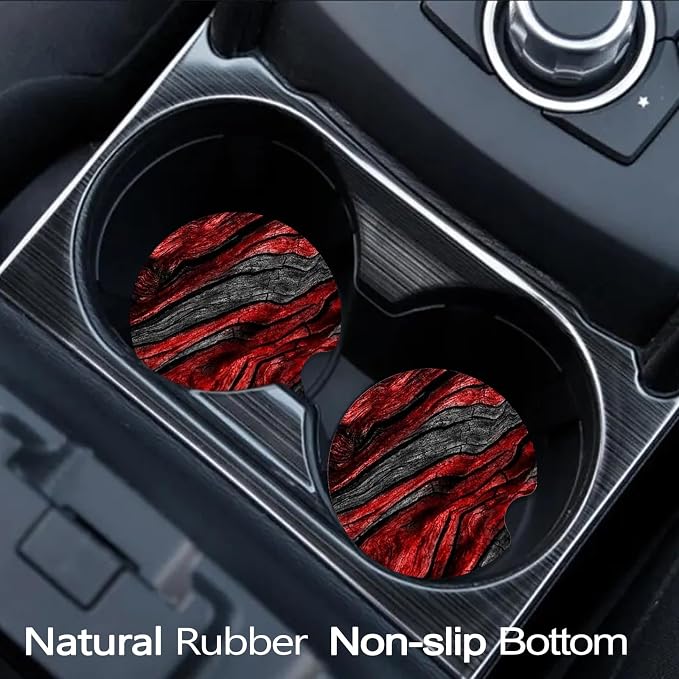 Car Coasters for Cup Holders - Red Wood Grain | 2 Pack Non-Slip Universal Rubber Car Cup Coaster for Women Men, Car Interior Accessories