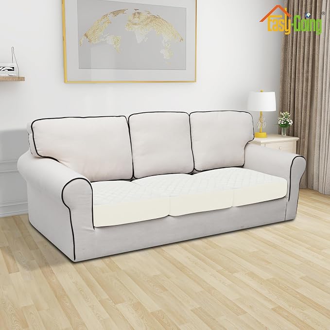 Easy-Going Waterproof Couch Cushion Covers, Non-Slip Leakproof Sofa Seat Cushion Slipcovers, Quilted and Stretch Furniture Protector for Dogs, Pets (3-Piece Sofa Cushion, Ivory)