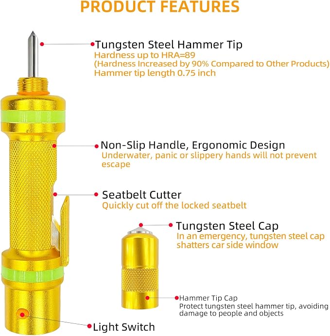 2026 Upgraded 3-in-1 Window Breaker Seatbelt Cutter & Flashlight, Glass Breaker, All-Metal Window Breaker - 0.75 inch Tungsten Steel Hammer Tip Can Shatter Tempered Glass (Gold)