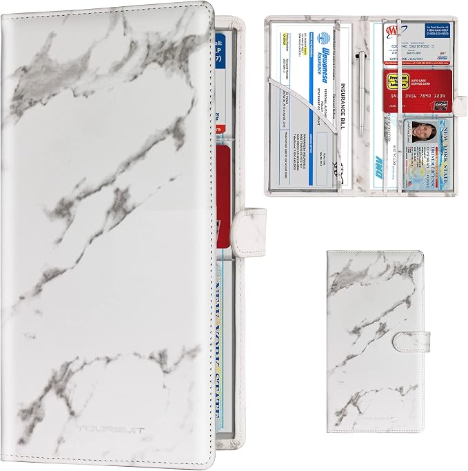 TOURSUIT Car Registration and Insurance Card Holder, Marble Grey | Vehicle License Document Organizer, Glove Box Compartment, Interior Car Accessories, For Women Men