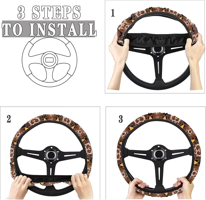 Wanyint Auto Steering Wheel Cover Universal Stretch 15 Inch Anti-Slip Neoprene Car Steering Wheel Protector for Women Men, Aztec Brown Beige Cow Print