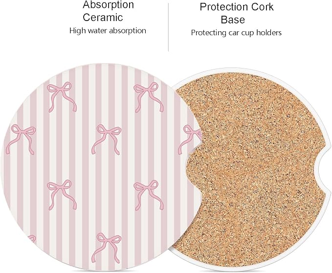 Ceramic Car Coasters – Absorbent Car Cup Holder Coaster Set for Women, Cute Aesthetic Car Accessories for Girls, 2 Pack (Rose Pink)