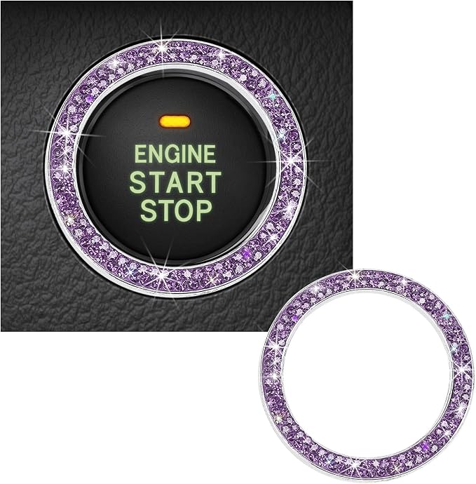Kewucn Bling Crystal Double Rhinestone Car Engine Start Decoration Ring, Sparkling Push Start Button Sticker, Key Ignition & Knob Ring Decoration, Bling Car Interior Accessory(Purple)