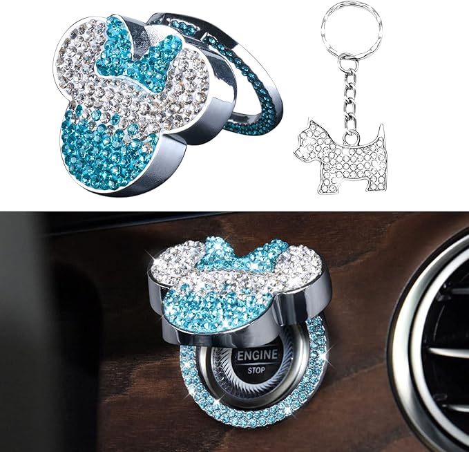 Pangpai Blue Crystal Rhinestones Car Engine Start Stop Button Cover, Zinc Metal, Interior Sticker for Women