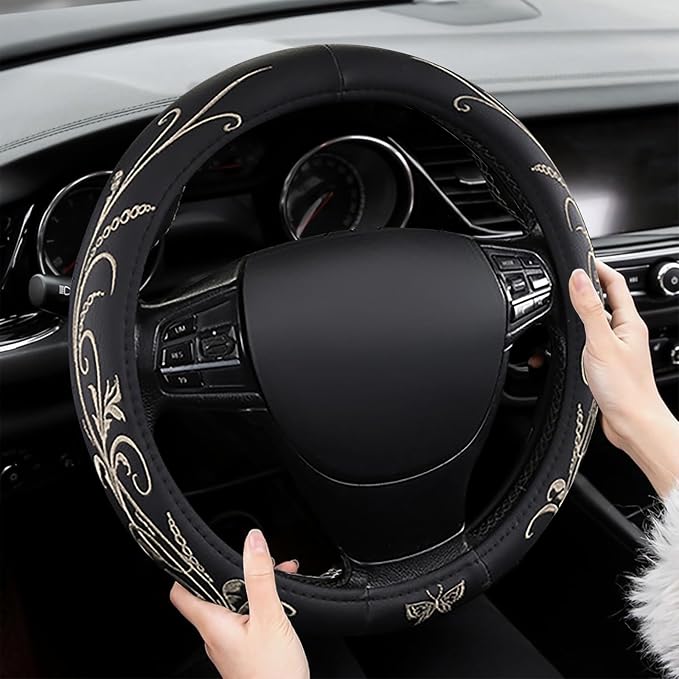 Car Leather Steering Wheel Cover - Panapi Material, Universal 14.5-15 Inch Leather Anti-Slip Breathable Auto Steering Wheel Covers for Men Women (Embroidery-Beige)