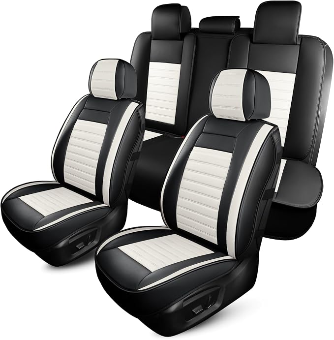 HChengkikz Car Seat Cover, Faux Leather, Waterproof (Black + White) | Breathable, Airbag Compatible, Easy Maintenance, Universal Fit for Most Sedans SUVs Pick-ups Trucks