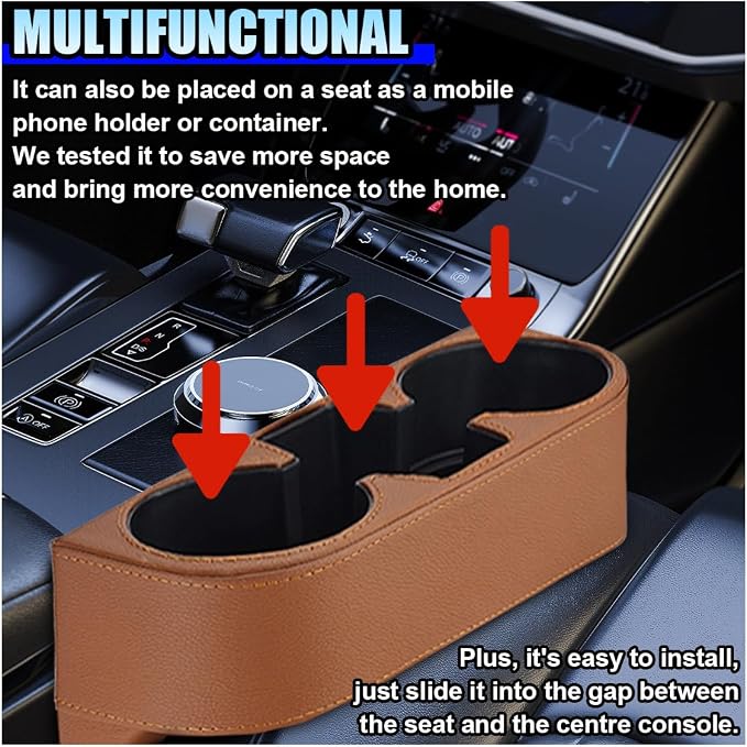 ZIMISI Car Cup Holder, Leather Front Console Gap Filler Organizer (Brown) | Car Seat Gap Filler Storage Box, Multifunctional Car Cup Drink Holder, Coin Bucket, Cell Mobile Phone Holder