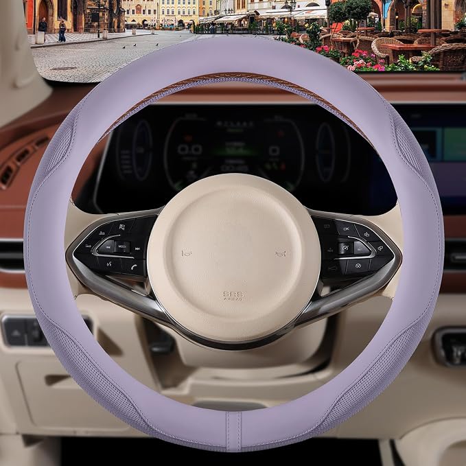 Nappa Leather Ice Silk Fabric Purple Steering Wheel Cover | Non-Slip Breathable Soft Car Accessories, Warm in Winter and Cool in Summer Universal 14.5 inch to 15 inch