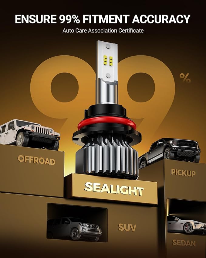 SEALIGHT 9007 Fog Light Bulbs, 64000LM 6000K Cool White, Real 1:1 Size 3 Min Plug-N-Play, No Noise Fanless 7055 Aluminum Alloy Self-Cooling Design, IP67 HB5 Bulbs Box of 2