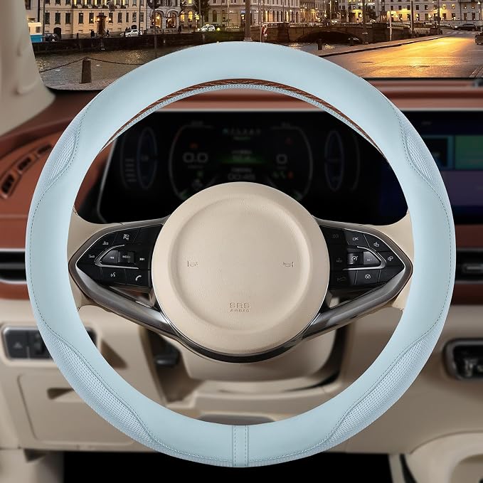 Nappa Leather Ice Silk Fabric Blue Steering Wheel Cover | Non-Slip Breathable Soft Car Accessories, Warm in Winter and Cool in Summer, Small 13.5 inch to 14 inch for Prius Golf Cart