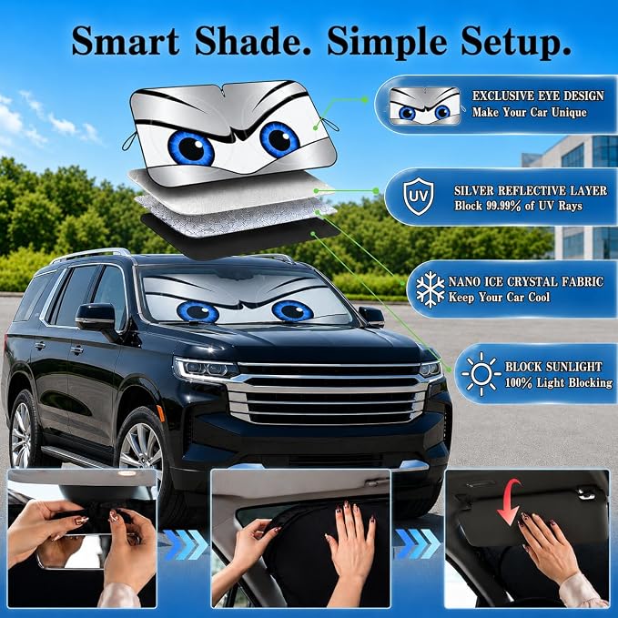 Car Windshield Sun Shade, Universal Fit Full-Size SUV Pickup, Sporty Silver | 63 x 33.86" Large Windshield Cover, Foldable Front Window Sunshade, UV Heat Blocker, Cute Eyes Series