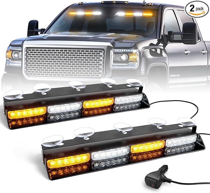 HLauto 6Z4J Emergency Dash Strobe Lights: 2x16.8 inch Amber White Safety Lights, 48 LED Flashing Warning Hazard Interior Windshield Visor Traffic Light Bars for Trucks, Construction Vehicles