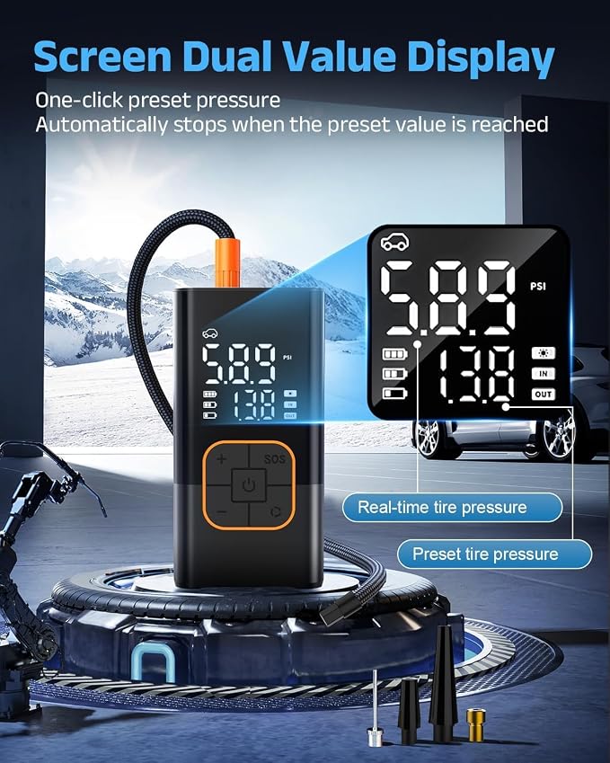 Tire Inflator Portable Air Compressor, Cordless Car Tyre Pump with Digital Dual Values Display, 150 PSI Bike Tires Air Pump with LED Lights&Pressure Gauge for Auto/Bicycle/Motocycle/Balls
