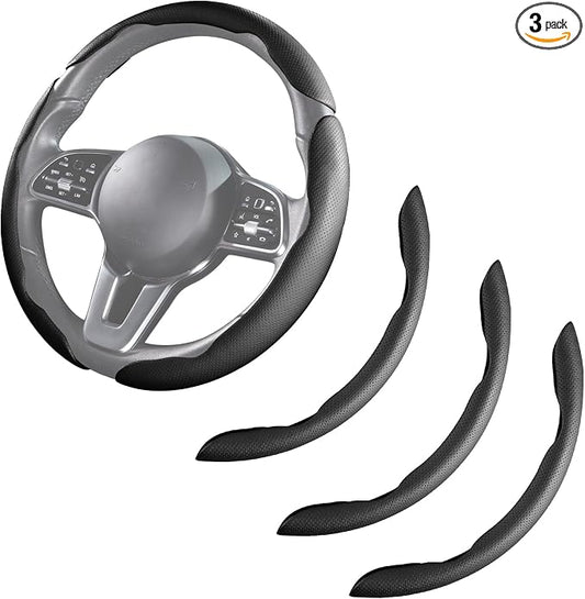 Car Steering Wheel Cover Leather Snap On 3Pcs Set Non-Slip Protector Wrap Steering Wheel Accessories 14.5-15 inch Universal Black