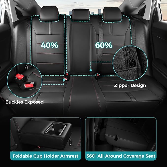Seat Covers for Honda Civic Hatchback LX, EX, EXL, Sport, Touring, 2016-2021, Faux Leather Car Seats Cover Full Set Seatback Waterproof, Black Red line (60/40 Split Seatback)