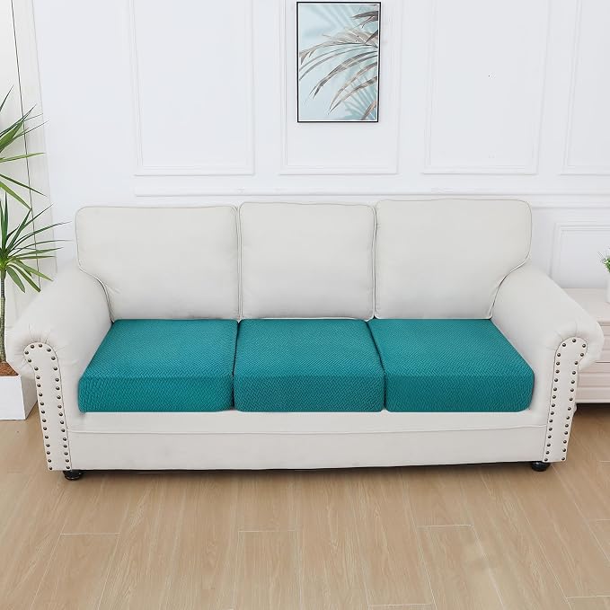 Smiry Waterproof Couch Cushion Covers, Stretch Jacquard Thick Sofa Cushion Covers, Washable Seat Slipcover Elastic Furniture Protector for Pets, Kid (3PC, Peacock Green)
