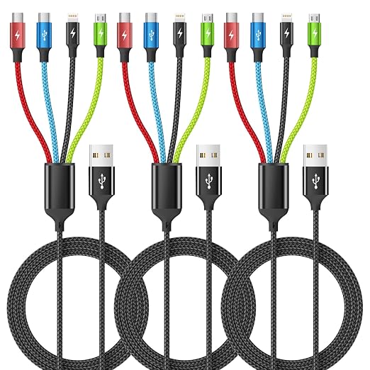 4 in 1 Multi Charging Cable, 3 Pack 5FT Charging Cords for Multiple Devices | USB C Car Charger Cable, Nylon Braided Phone Charger for Multiple Devices, Cruise Essentials 2026 Travel & Car Use