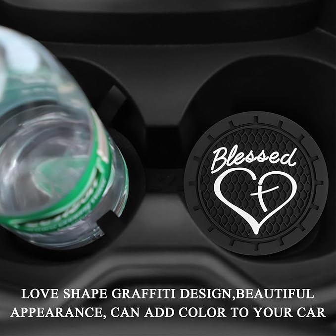 KVAEY 2 PCS Car Cup Holder Coasters, 2.76 Inch Anti Slip Vehicle Drink Mats with Cute Blessed Cross and Heart, Shockproof, Universal Car Accessories (Black, 2 PCS)