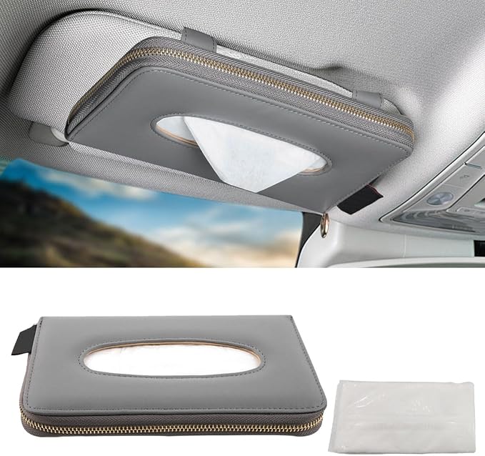 Car Tissue Holder, Car Sun Visor Tissue Box Holder, Car Backseat Paper Carton, Leather Car Tissue Napkin Case, Universal Car Hanging Paper Towel Clip for SUV, RV, Truck (Grey)