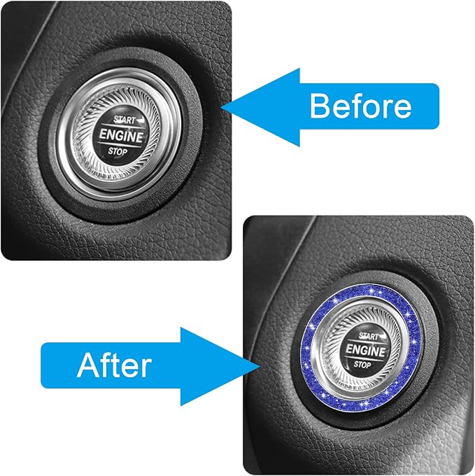 WINKA 2pcs Bling Car Engine Start Button Cover Diamond Crystal Push Start Stop Button Ring Sparkly Bling Ignition Button Cover Rhinestone Keyless Ignition Ring Universal Car Accessories (Navy Blue)