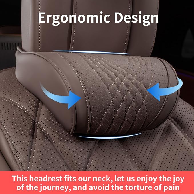 Car Headrest for Driving Memory Foam Neck Pillow with Leather Cover Soft Comfortable Seat Head Pillow Cushion for Most Cars SUV Sedan Home Office Brown 1PC
