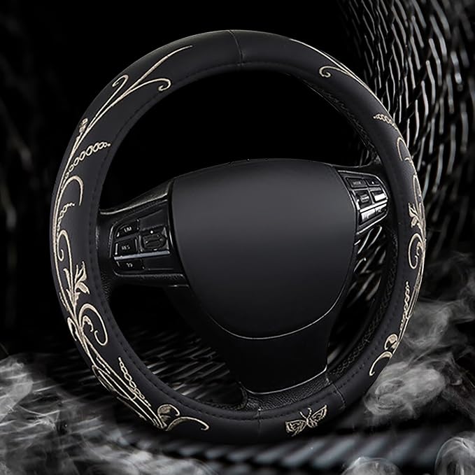 Car Leather Steering Wheel Cover - Panapi Material, Universal 14.5-15 Inch Leather Anti-Slip Breathable Auto Steering Wheel Covers for Men Women (Embroidery-Beige)