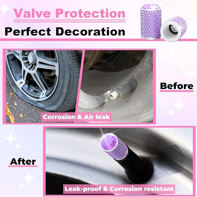 BFXM 4Pcs Car Tire Valve Stem Caps, Bling Tire Air Cap for Car, Car Accessories for Women Universal Stem Covers, Anodized Aluminum Tires Valve Cap with O Rubber Ring, Crystal Diamond