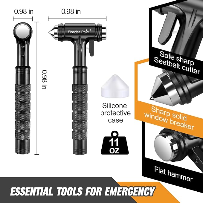 Car Window Breaker, Automotive Safety Hammer with Seatbelt Cutter, 3-in-1 Emergecy Escape Tool Car Metal Window Breaker Seatbelt Cutter, Aluminium Alloy Glass Breaker Hammer(Black 2Pack)
