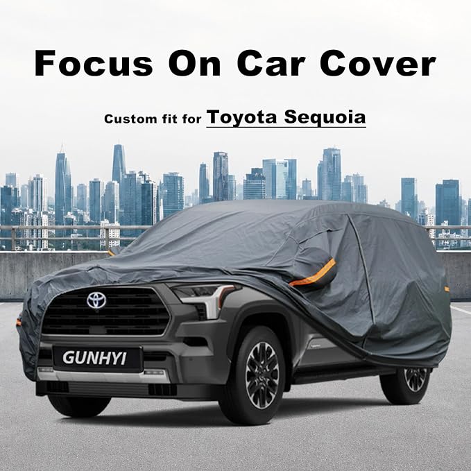 GUNHYI Premium Car Cover Custom Fit Toyota Sequoia, 16 Layers Heavy Duty Car Cover Waterproof All Weather with Zipper Door for Sun Rain Snow Dust Uv Protection