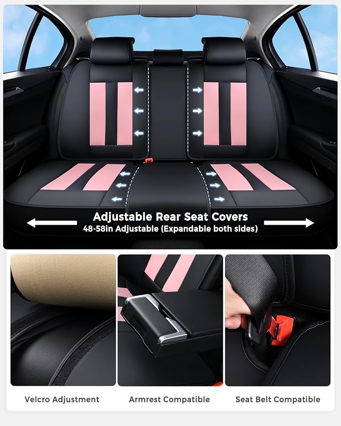 Huidasource Full Set Car Seat Covers, Premium Waterproof Faux Leather, Universal Fit for Most Cars, SUVs & Trucks, Airbag Safe, Quick to Install, Black & Pink