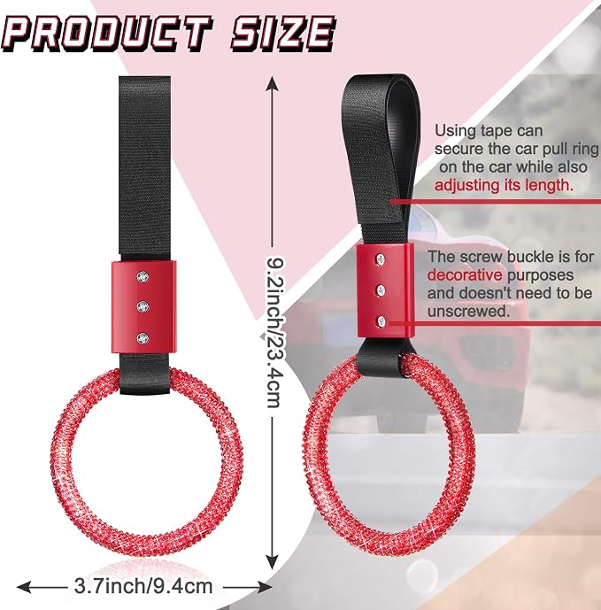 Fabbay Bling Car Accessories Bling Round Handle Ring Car Accessory for Women Hand Strap Drift Charm Rear Bumper Warning Ring Decor for Auto Bus Interior Exterior Decoration(Red, Round Style)
