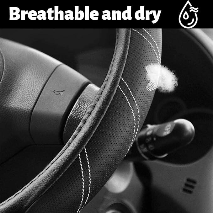 Car Steering Wheel Cover, 15 Inch Leather Breathable Auto Wheel Protection Cover with Non-Slip Lining, Padded Soft Grip Vehicle Steering Protector, Universal Fit (Black)