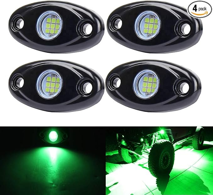 Green Underglow Led Rock Lights for Car, Wheel Well Lights, 12V 4 Pods | Waterproof Underbody Kit Crawler Crawling Dome Exterior Lamps for ATV RZR UTV SUV Off-Road Motorcycle Glow Trail Rig Fender