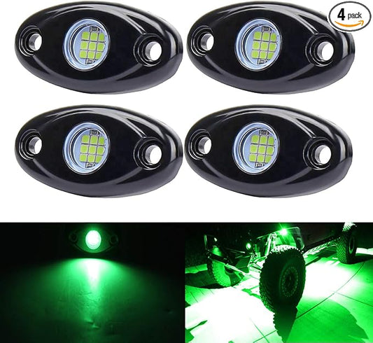 Green Underglow Led Rock Lights for Car, Wheel Well Lights, 12V 4 Pods | Waterproof Underbody Kit Crawler Crawling Dome Exterior Lamps for ATV RZR UTV SUV Off-Road Motorcycle Glow Trail Rig Fender