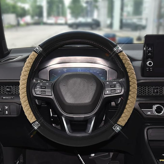 Bling Soft Leather Steering Wheel Cover, 15 Inch Colorful Rhinestones Auto Elastic Steering Wheel Protector for Women Girls, Car Accessories Anti Slip Steering Wheel Cover for Cars, SUVs (Beige)