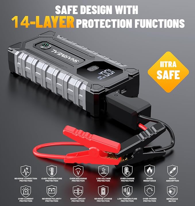 Sharmeal Car Jump Starter 6000A, Jump Starter Battery Pack for All Gas and 9.0L Diesel, 12V Portable Jump Box with LED Light