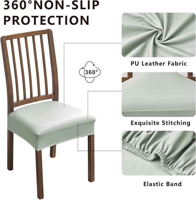 NILUOH Waterproof Seat Covers for Dining Room Chairs Set of 4, Pu Leather Chair Seat Slipcovers Dining Chair Cover Removable Washable Chair Protctor Cover, Rear Covers (PU-Light Grey)